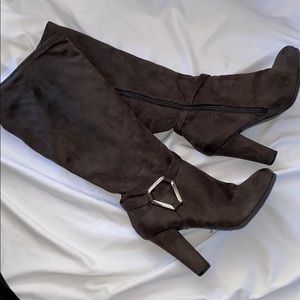 Suede Brown Mid Calf Heeled Boots